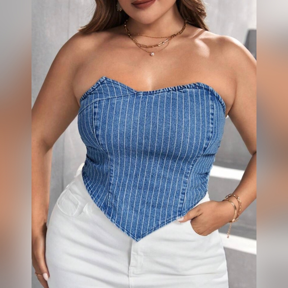 Elegant Blue Pinstripe Strapless Blouse